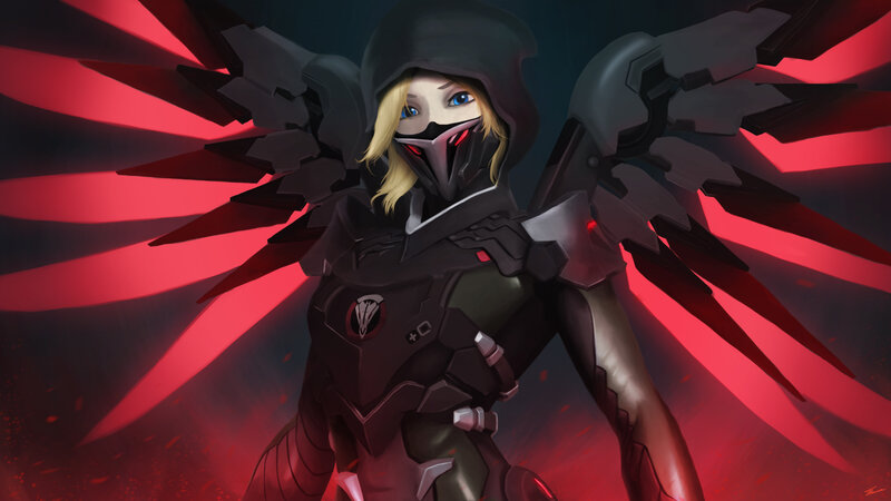 Female Character with Wings — Black, Dramatic, Digital Art, Hood