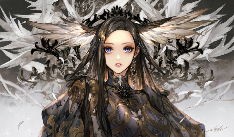 Female Character with Wings — Black, Dramatic, Digital Art, Long Hair, Blue Eyes