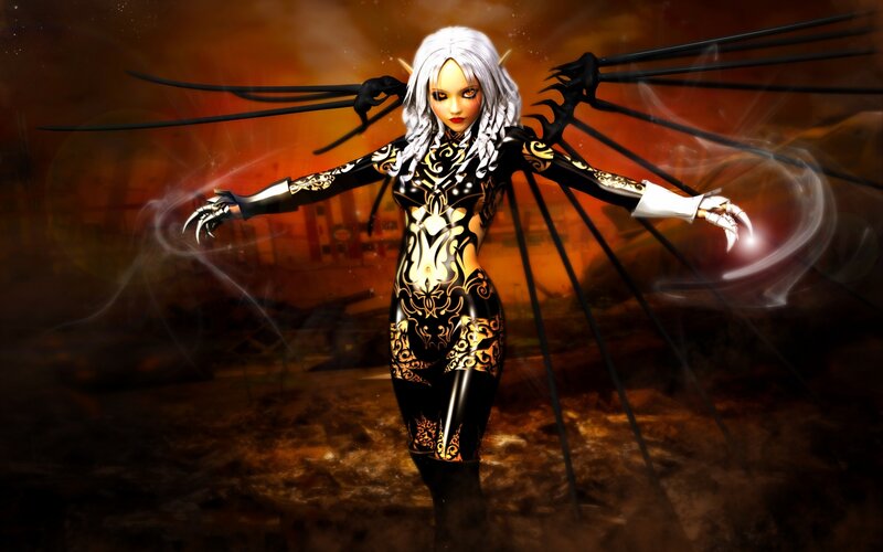 Female Character with Wings — Black, Dramatic, Digital Art, Silver Hair