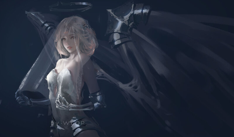 Female Character with Wings — Black, Dramatic, Night, Digital Art, Armor, Veil