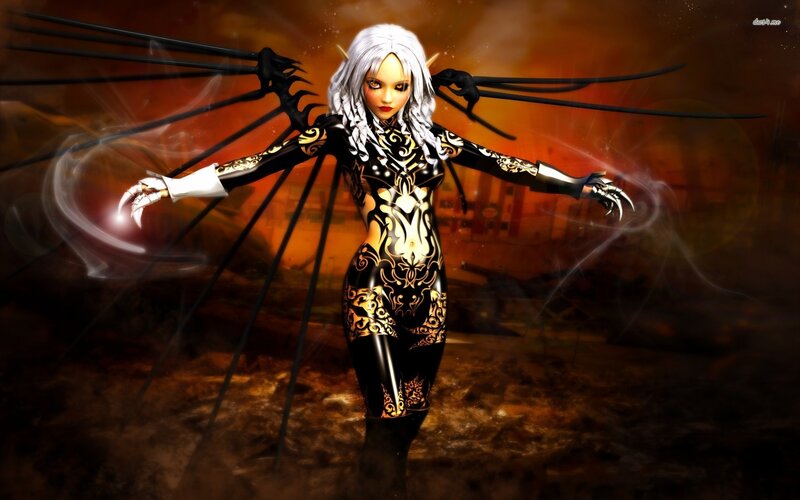Female Character with Wings — Black, Dramatic, Sunset, Digital Art