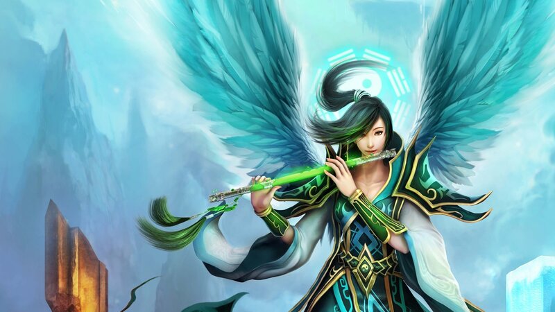 Female Character with Wings — Blue, Dramatic, Digital Art, Flute