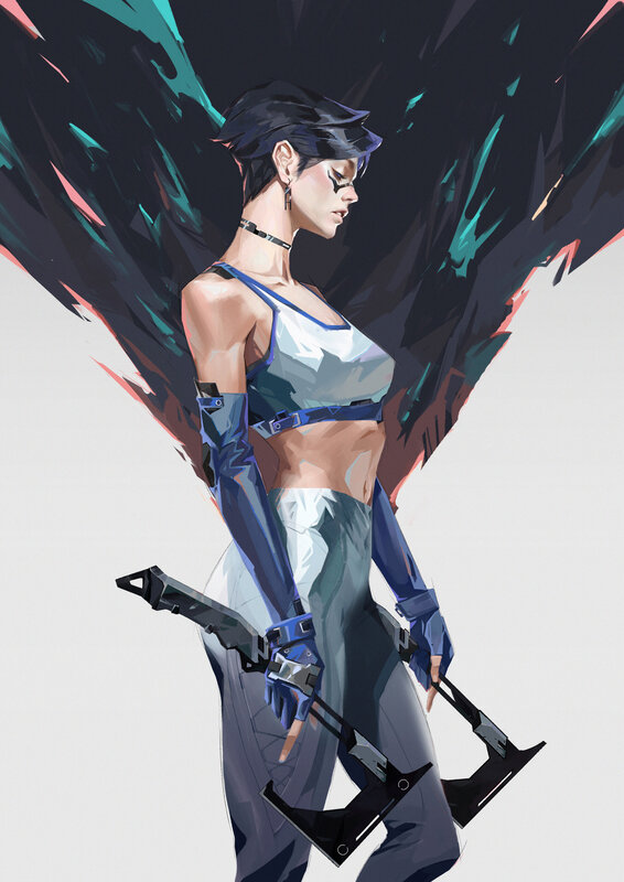 Female Character with Wings — Blue, Dramatic, Digital Art, Weapons