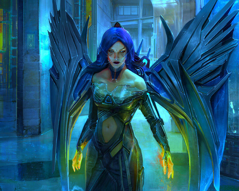 Female Character with Wings — Blue, Dramatic, Night, Digital Art, Cybernetic Armor