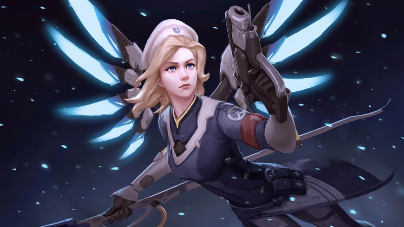 Female Character with Wings — Blue, Dramatic, Night, Digital Art, Gun, Space
