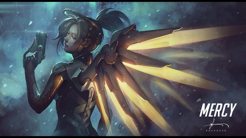 Female Character with Wings — Blue, Dramatic, Night, Digital Art, Gun