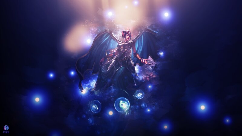 Female Character with Wings — Blue, Dramatic, Night, Digital Art, Magic Orbs