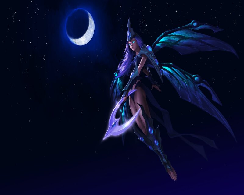Female Character with Wings — Blue, Dramatic, Night, Digital Art, Moon