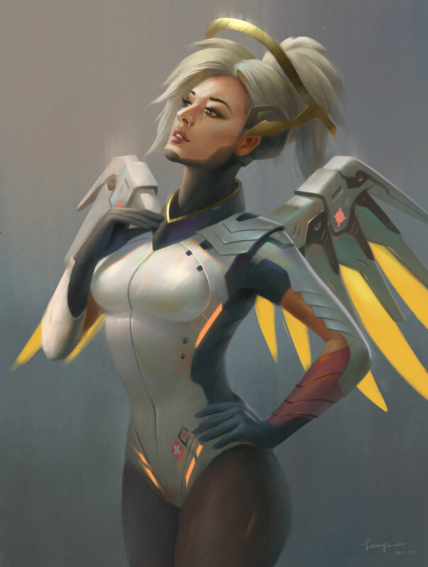 Female Character with Wings — Gray, Dramatic, Digital Art, Armor