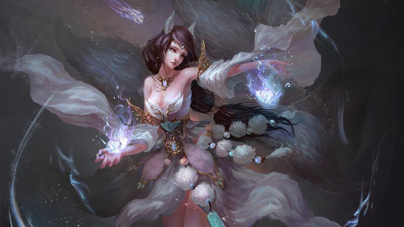 Female Character with Wings — Purple, Dramatic, Digital Art, Magic, Glowing Orbs