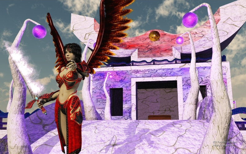 Female Character with Wings — Purple, Dramatic, Digital Art, Sword, Building