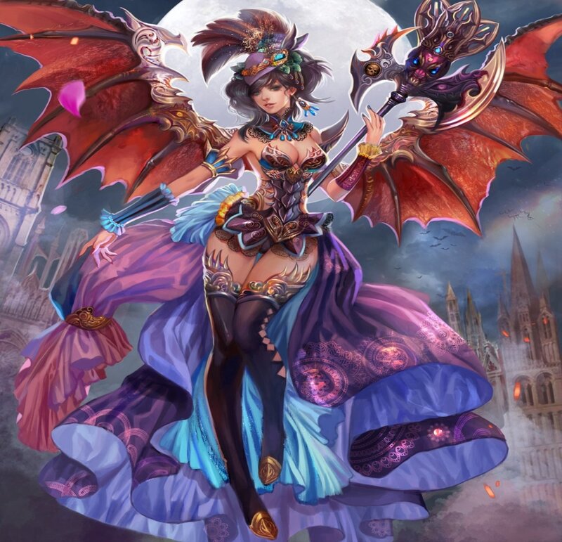 Female Character with Wings — Purple, Dramatic, Night, Digital Art, Axe