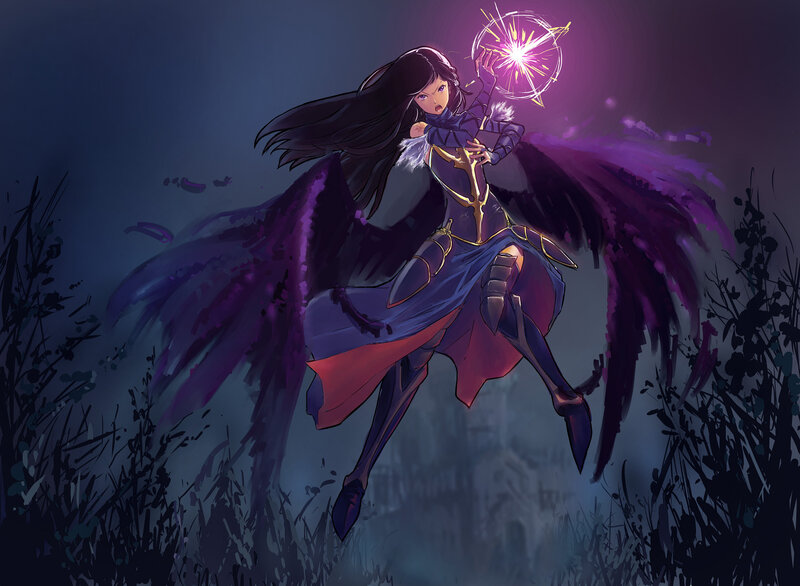 Female Character with Wings — Purple, Dramatic, Night, Digital Art, Magic Spell