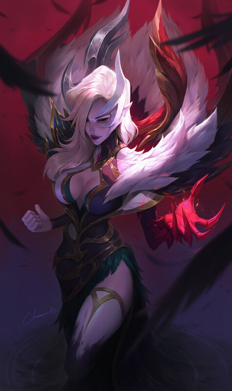 Female Character with Wings — Red, Dramatic, Digital Art, Armor, Red Background