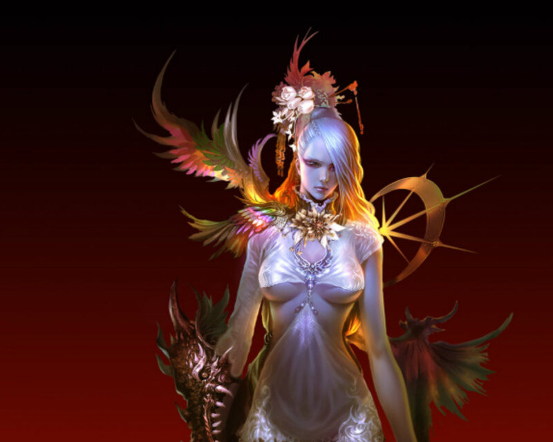 Female Character with Wings — Red, Dramatic, Digital Art, Dress