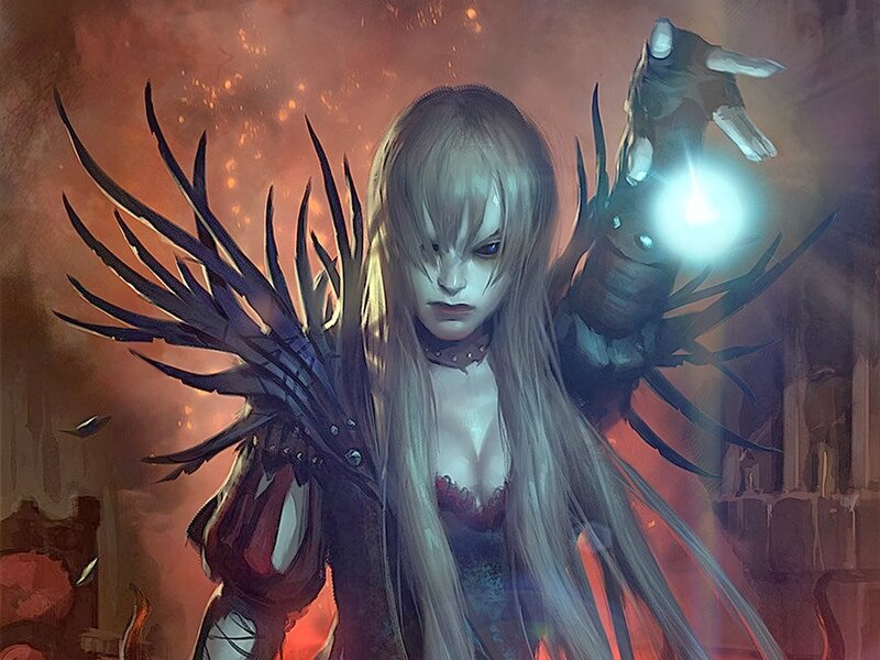 Female Character with Wings — Red, Dramatic, Digital Art, Glowing Hand, Long Hair