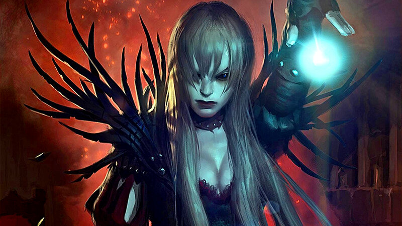 Female Character with Wings — Red, Dramatic, Digital Art, Glowing Hand, Red Background