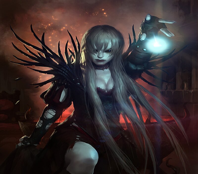 Female Character with Wings — Red, Dramatic, Digital Art, Glowing Hand