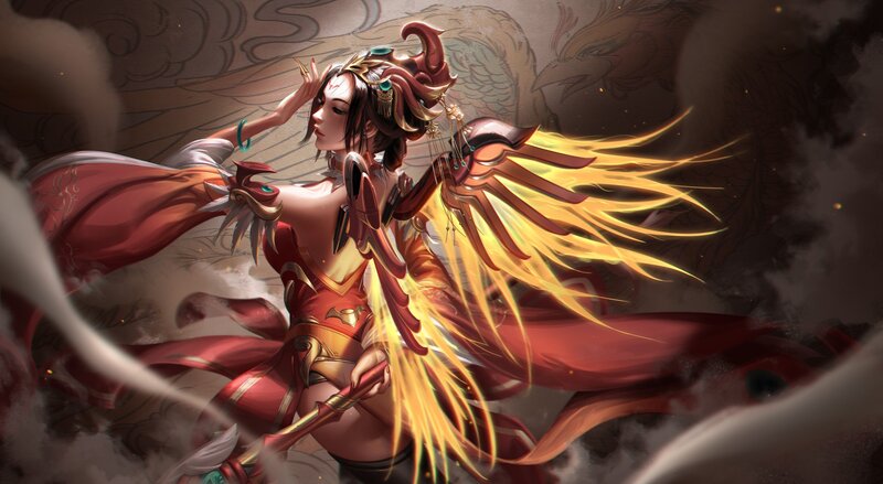 Female Character with Wings — Red, Dramatic, Digital Art, Scepter, Dragon