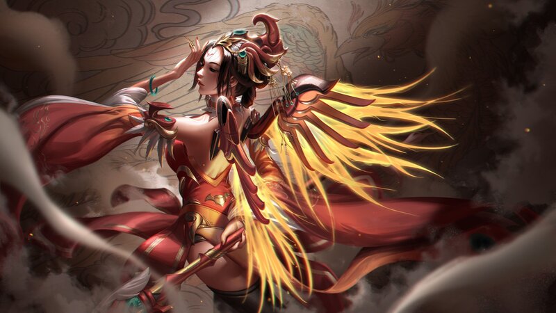 Female Character with Wings — Red, Dramatic, Digital Art, Scepter