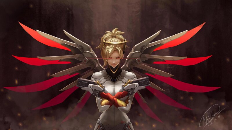 Female Character with Wings — White, Dramatic, Digital Art, Guns