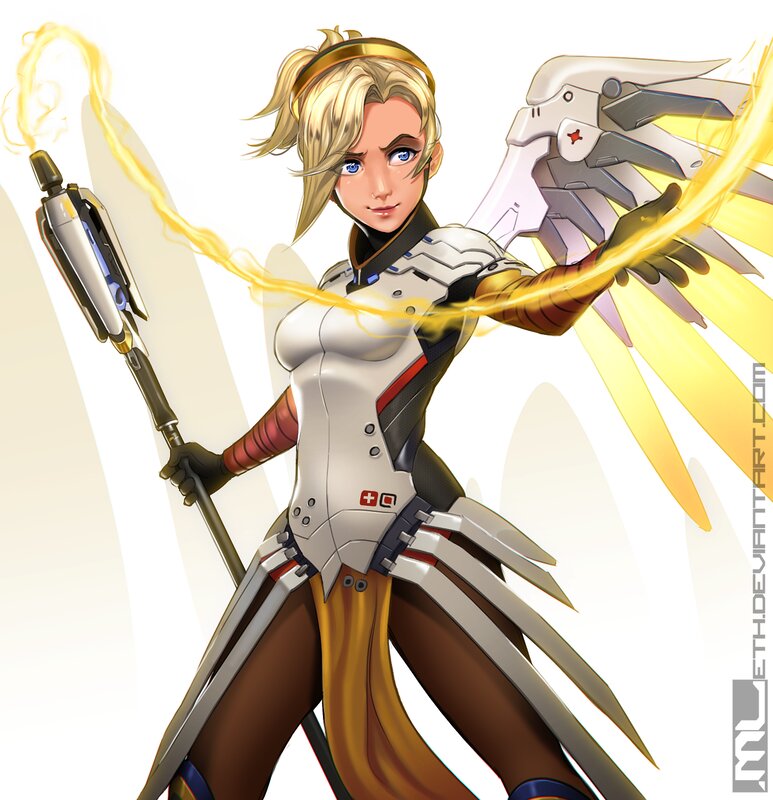 Female Character with Wings — White, Dramatic, Digital Art, Staff, Energy