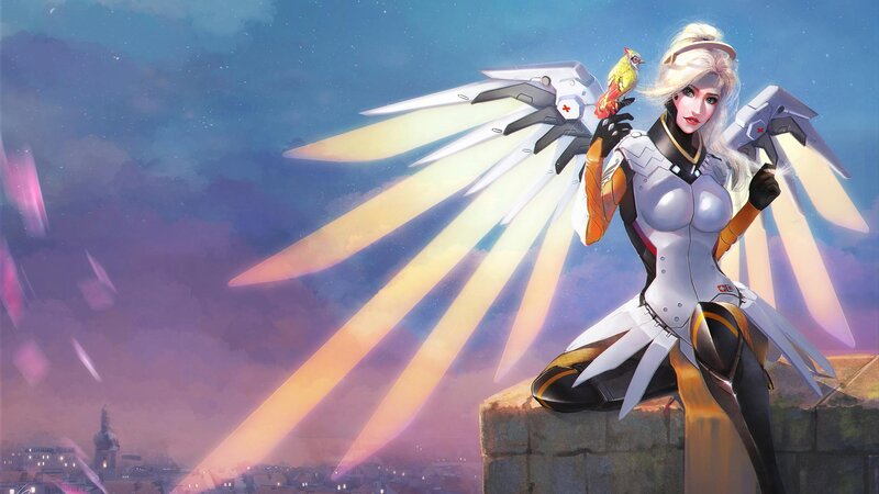 Female Character with Wings — White, Dramatic, Sunset, Digital Art, Bird