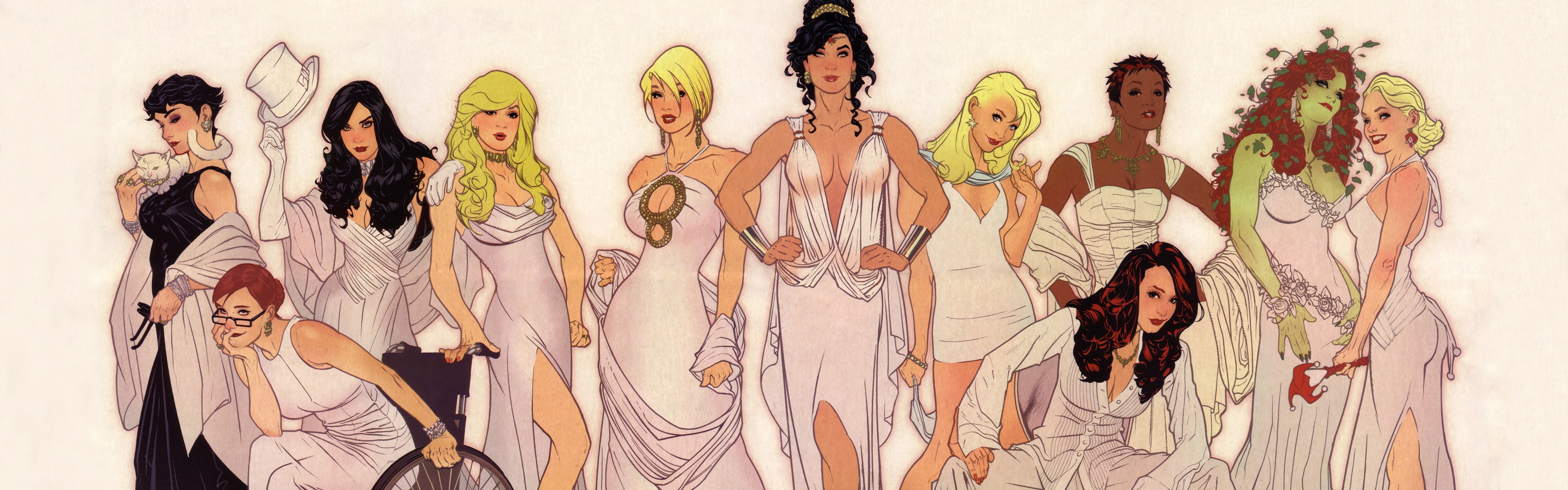 Female characters in white gowns