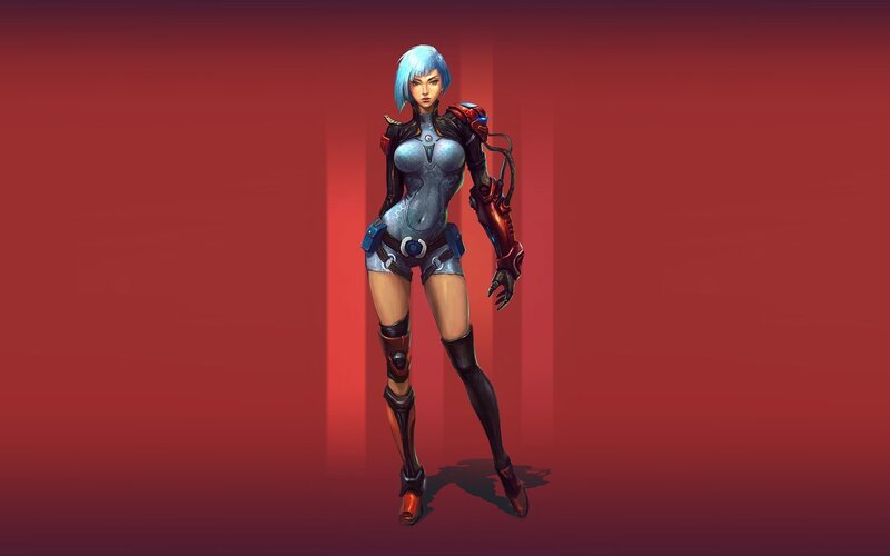 Female Cyborg Character — Red, Dramatic, Digital Art, Blue Hair