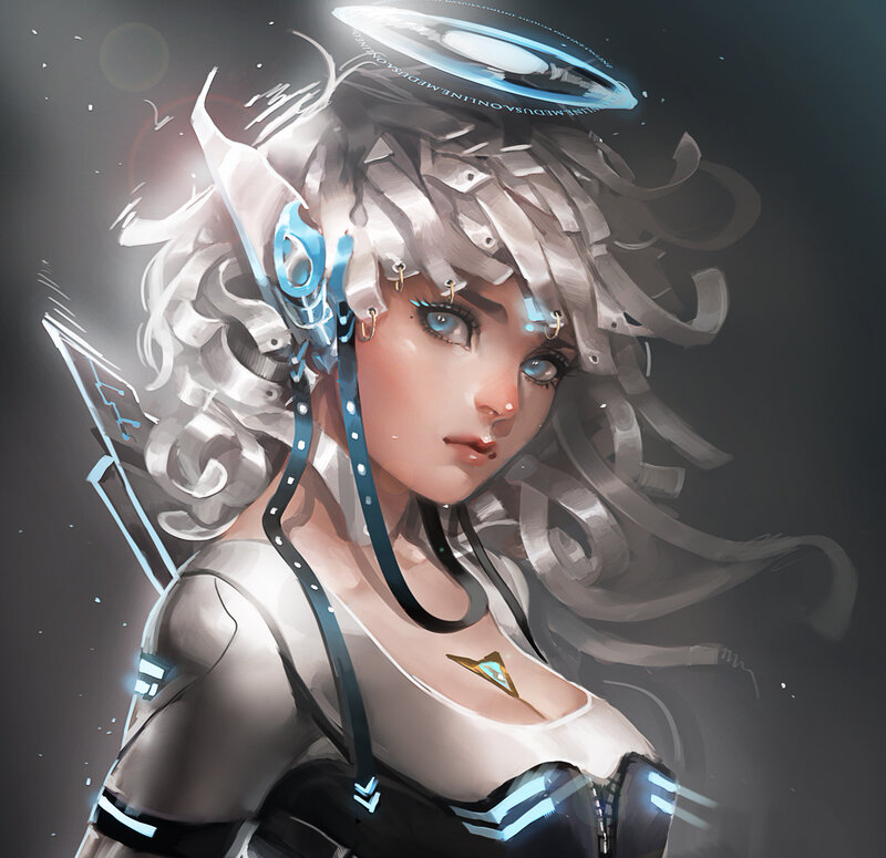 Female Cyborg Character — White, Dramatic, Digital Art