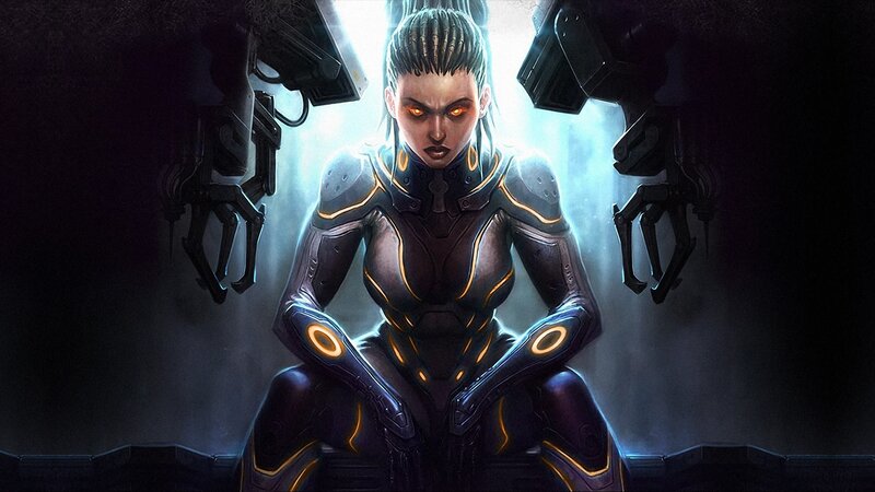 Female Cyborg in Armor — Black, Dramatic, Digital Art, Robotic Arms