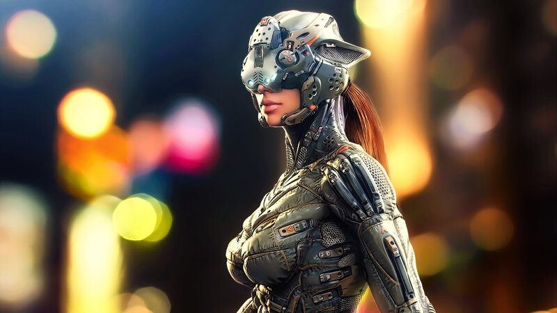 Female Cyborg in Armor — Gray, Dramatic