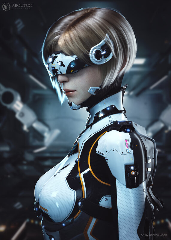Female Cyborg in Armor — White, Dramatic, Digital Art