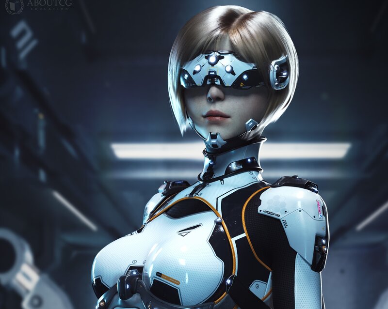 Female Cyborg in Armor — White, Dramatic