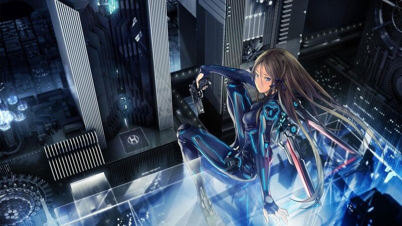 Female Cyborg in City — Blue, Dramatic, Night, Digital Art, Cybernetic Suit