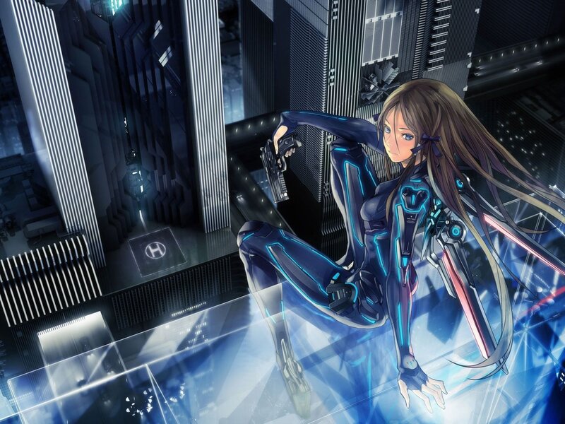 Female Cyborg in City — Blue, Dramatic, Night, Digital Art