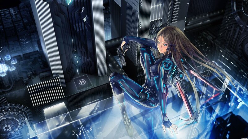 Female Cyborg in City — Blue, Dramatic, Night