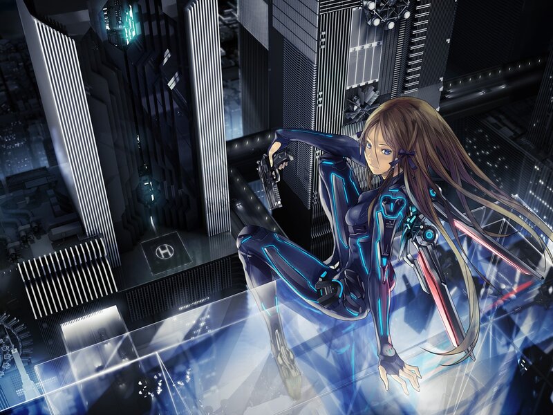 Female Cyborg in City — Blue, Dramatic