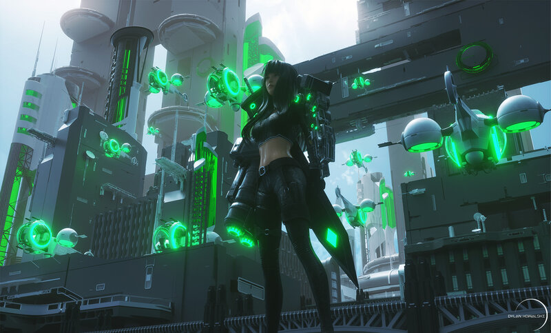 Female Cyborg in City — Green