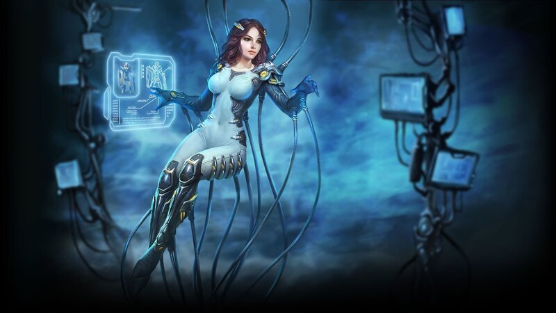 Female Cyborg in Lab — Blue, Dramatic
