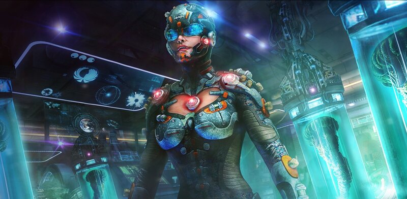 Female Cyborg in Lab — Blue