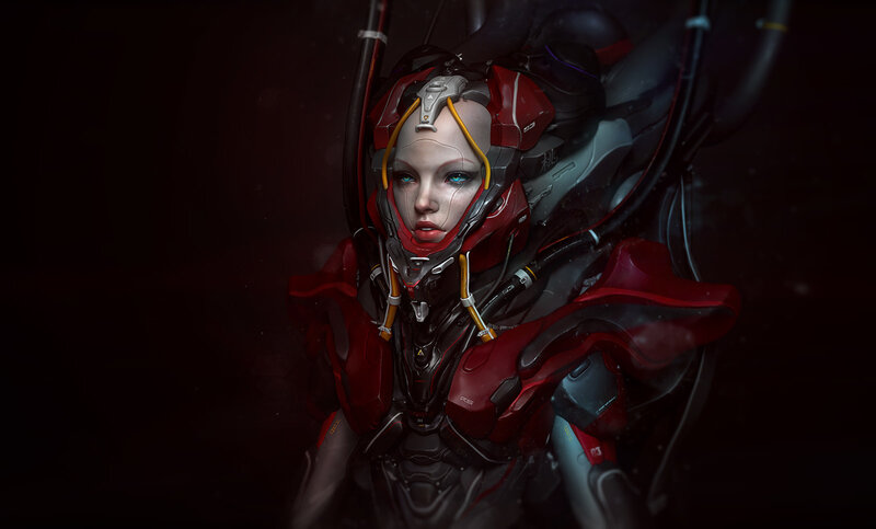 Female Cyborg in Red Armor
