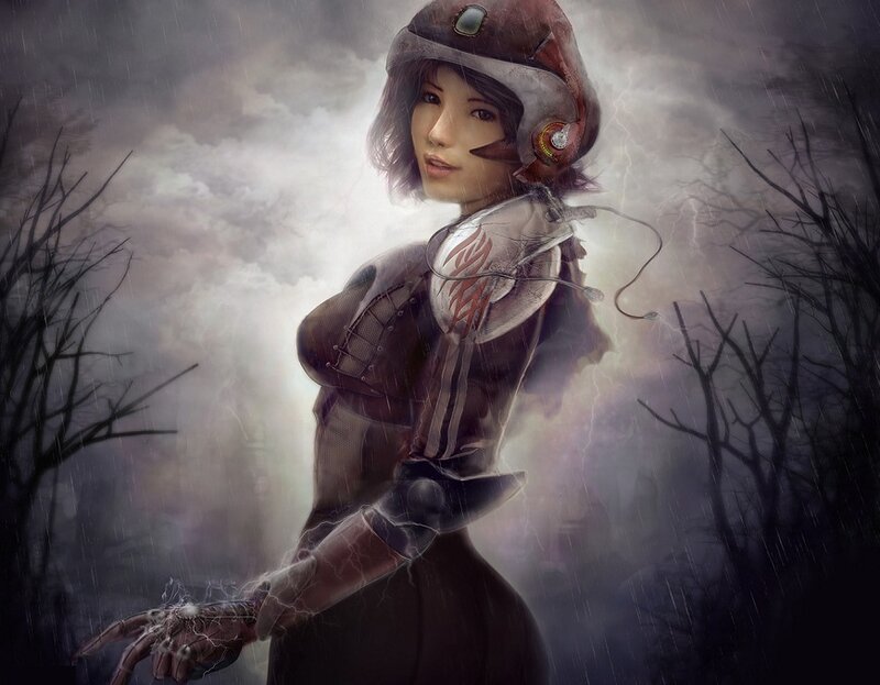 Female Cyborg in Storm — Gray