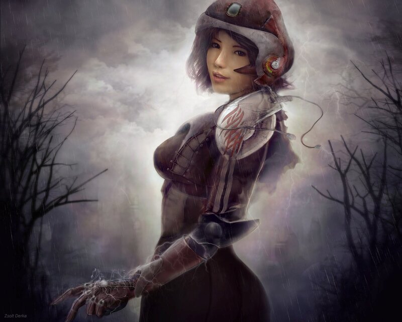 female cyborg in storm
