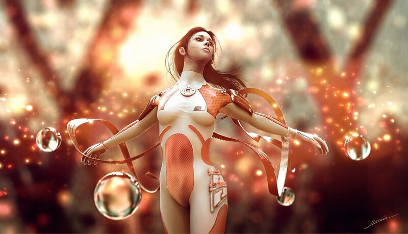 Female Cyborg in White Suit — Dramatic