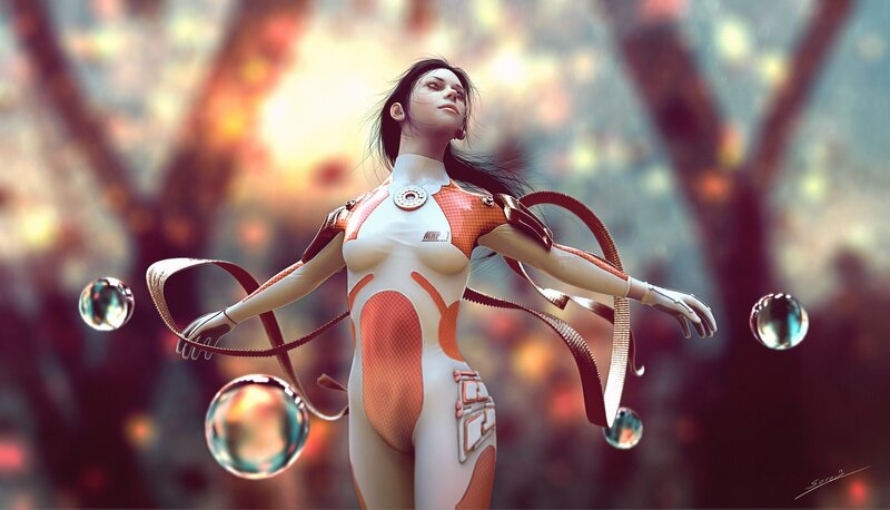 Female Cyborg in White Suit