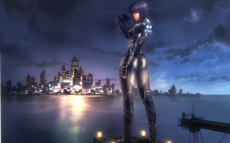 Female Cyborg Soldier — Blue, Dramatic, Night, Digital Art, City Skyline, Water
