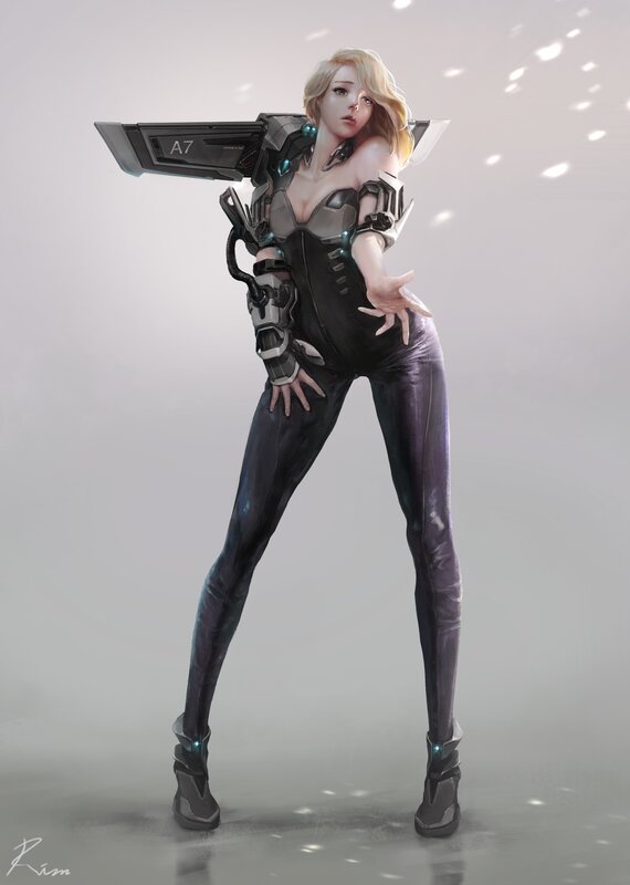 Female Cyborg Soldier — Gray, Dramatic, Digital Art, Mechanical Armor