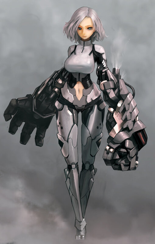 Female Cyborg Soldier — Gray, Dramatic, Digital Art, Mechanical Arms