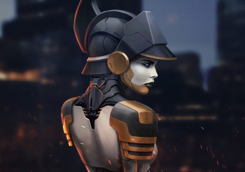 Female Cyborg Soldier — Gray, Dramatic, Night